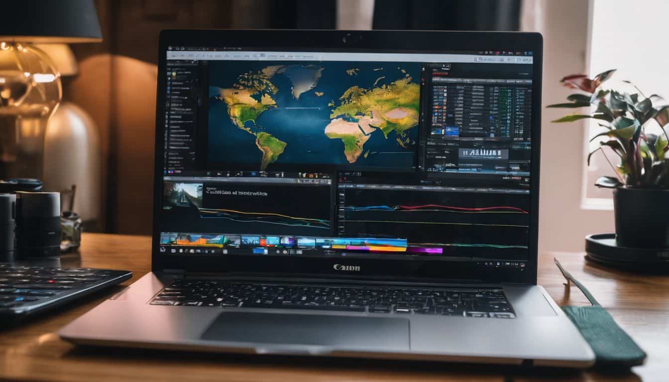 A laptop with broadband plans surrounded by technology gadgets and various people.