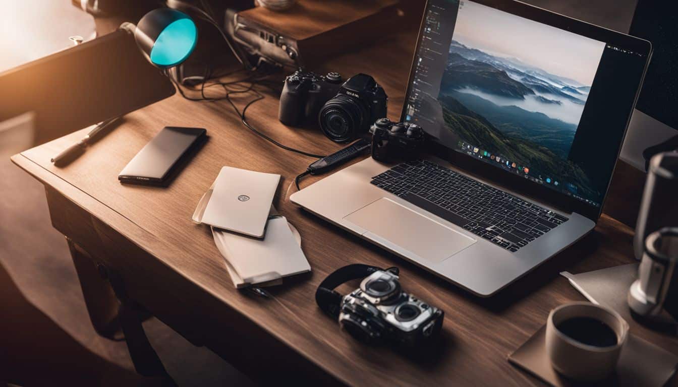 A desk with a laptop, internet router, and tech accessories.