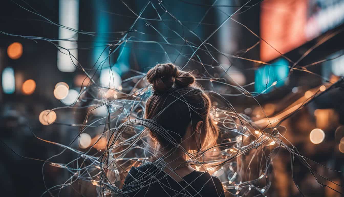 A network of wires and cables connecting devices in a cityscape.