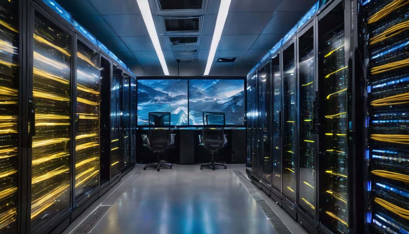 A high-speed fibre optic cable in a technologically advanced server room. A high-speed fibre optic cable in a technologically advanced server room.