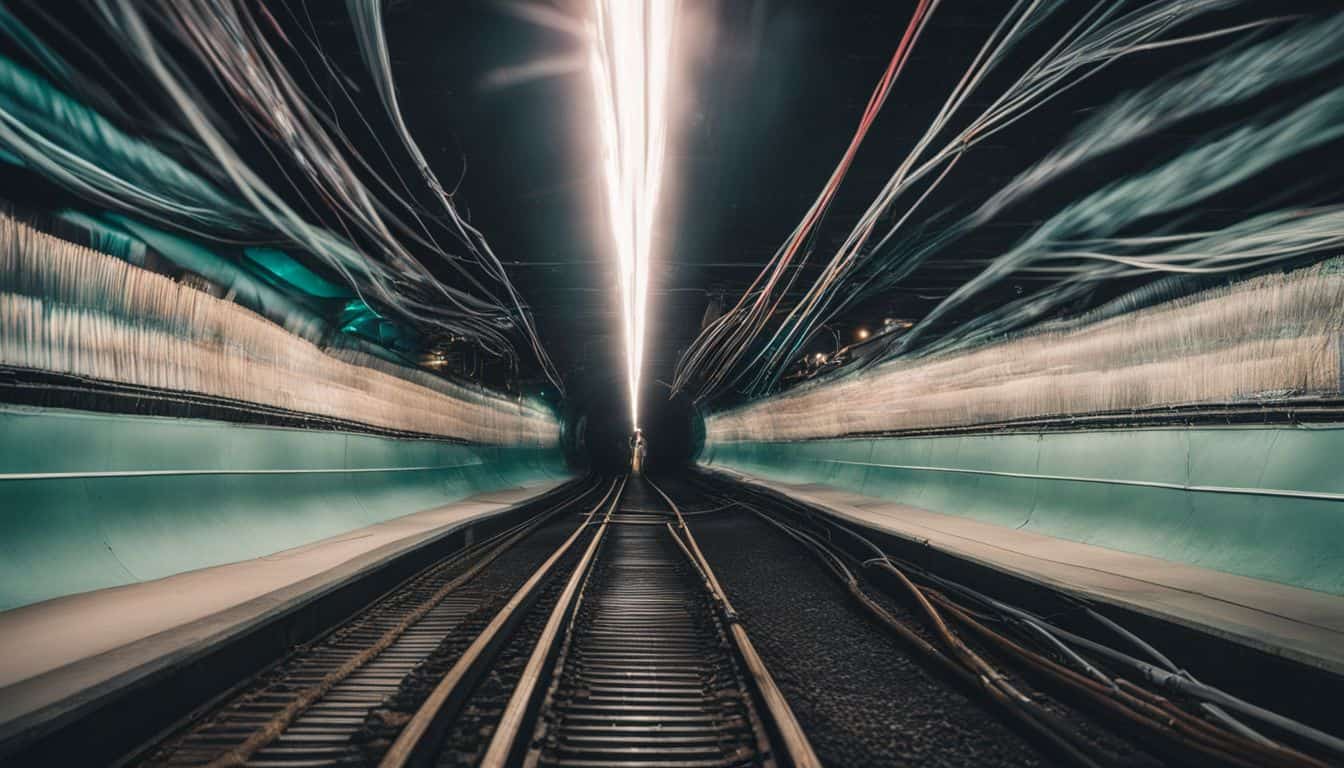 Underground tunnels with fibre optic cables, depicting bustling atmosphere.