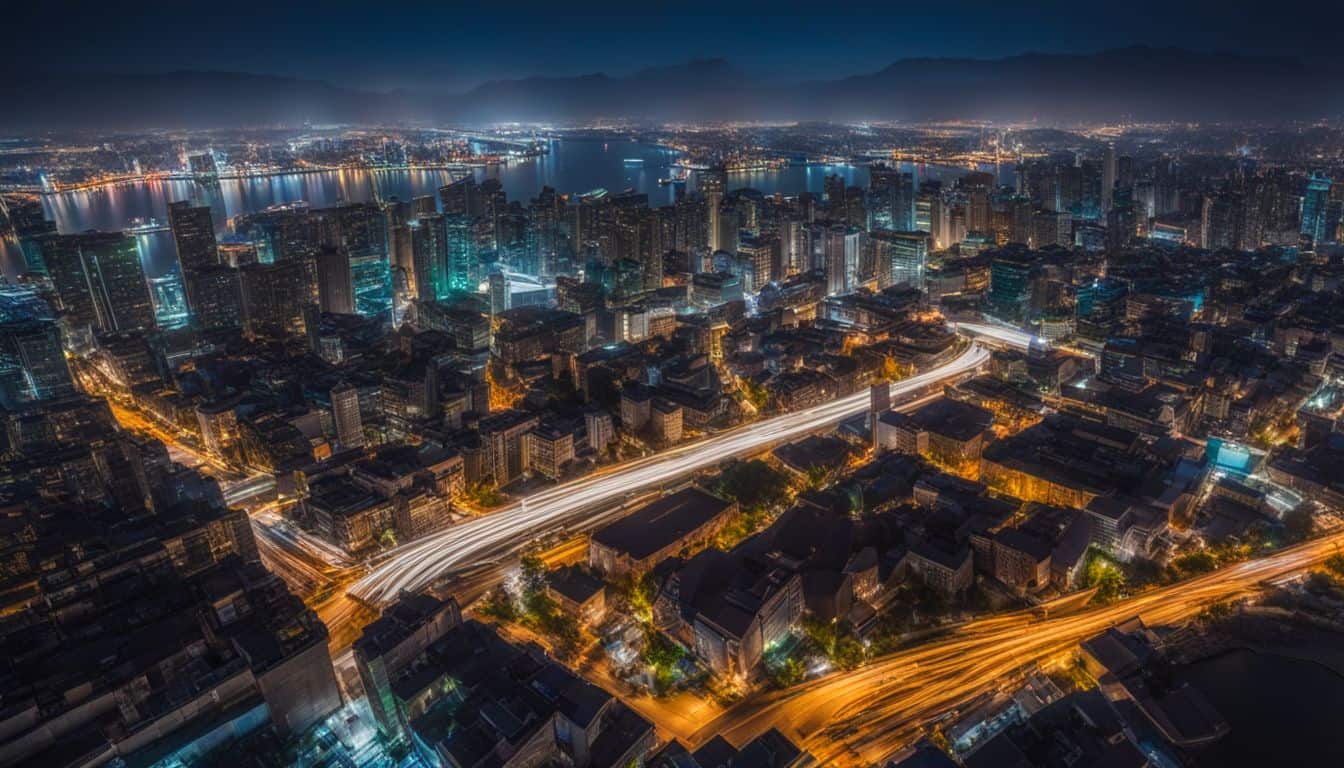 A fibre optic cable installation at night in a cityscape.