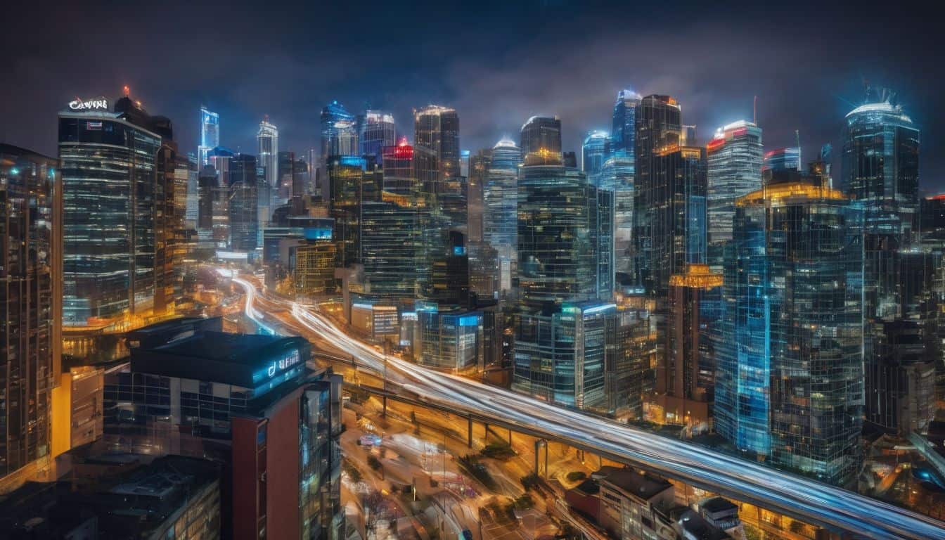 A network of fiber optic cables connecting office buildings in a cityscape.