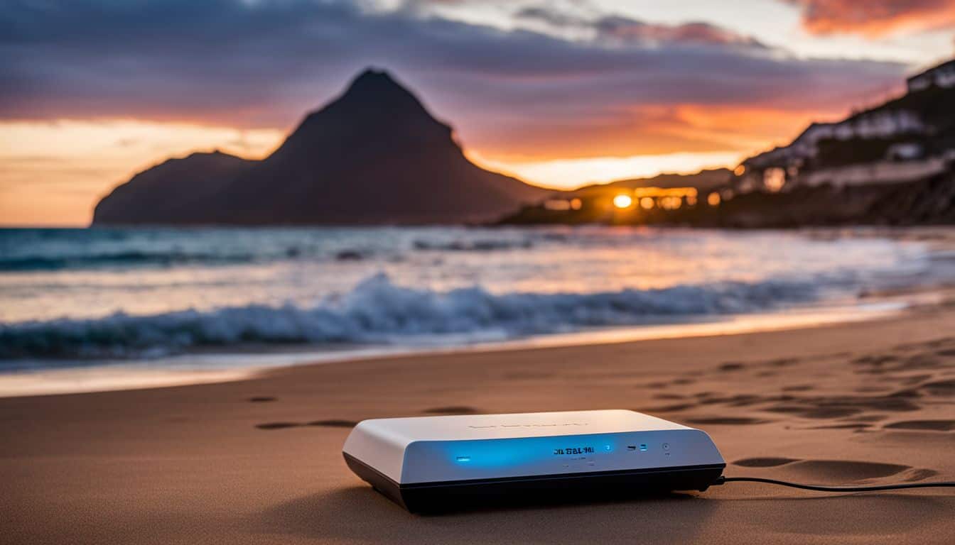 A modern Wi-Fi router on a beach at sunset.