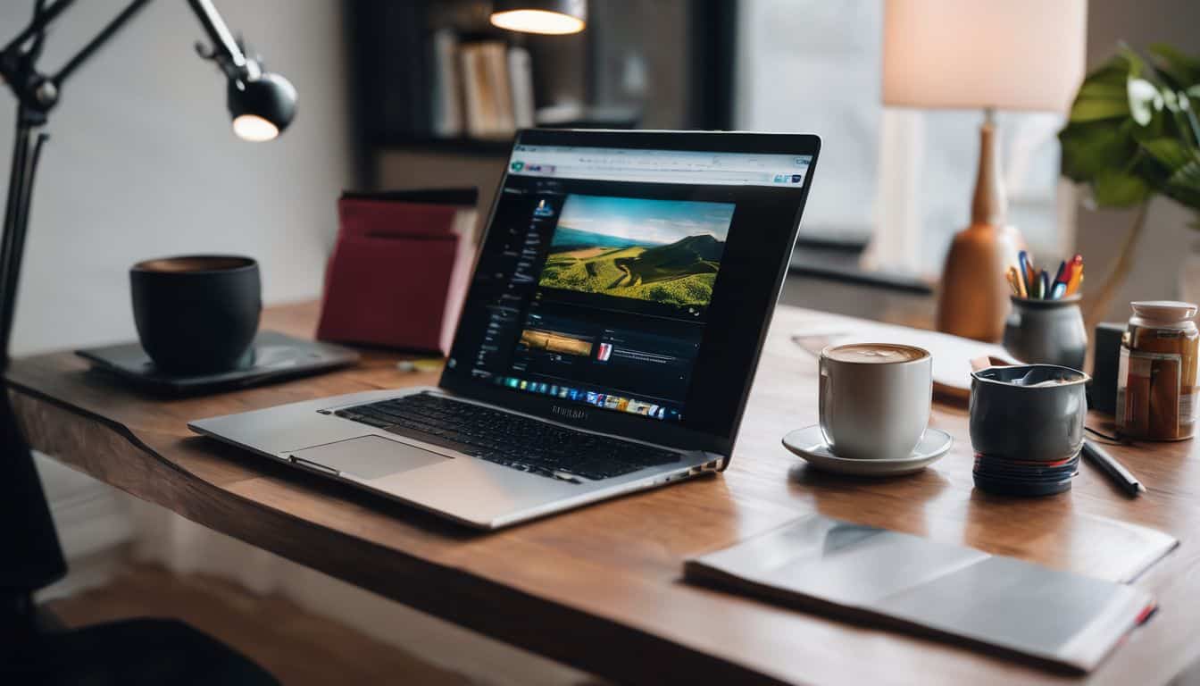 A laptop on a desk displaying a video editing software, surrounded by coffee cups, notebooks, and stationery, ideal for remote education and online learning setups.
