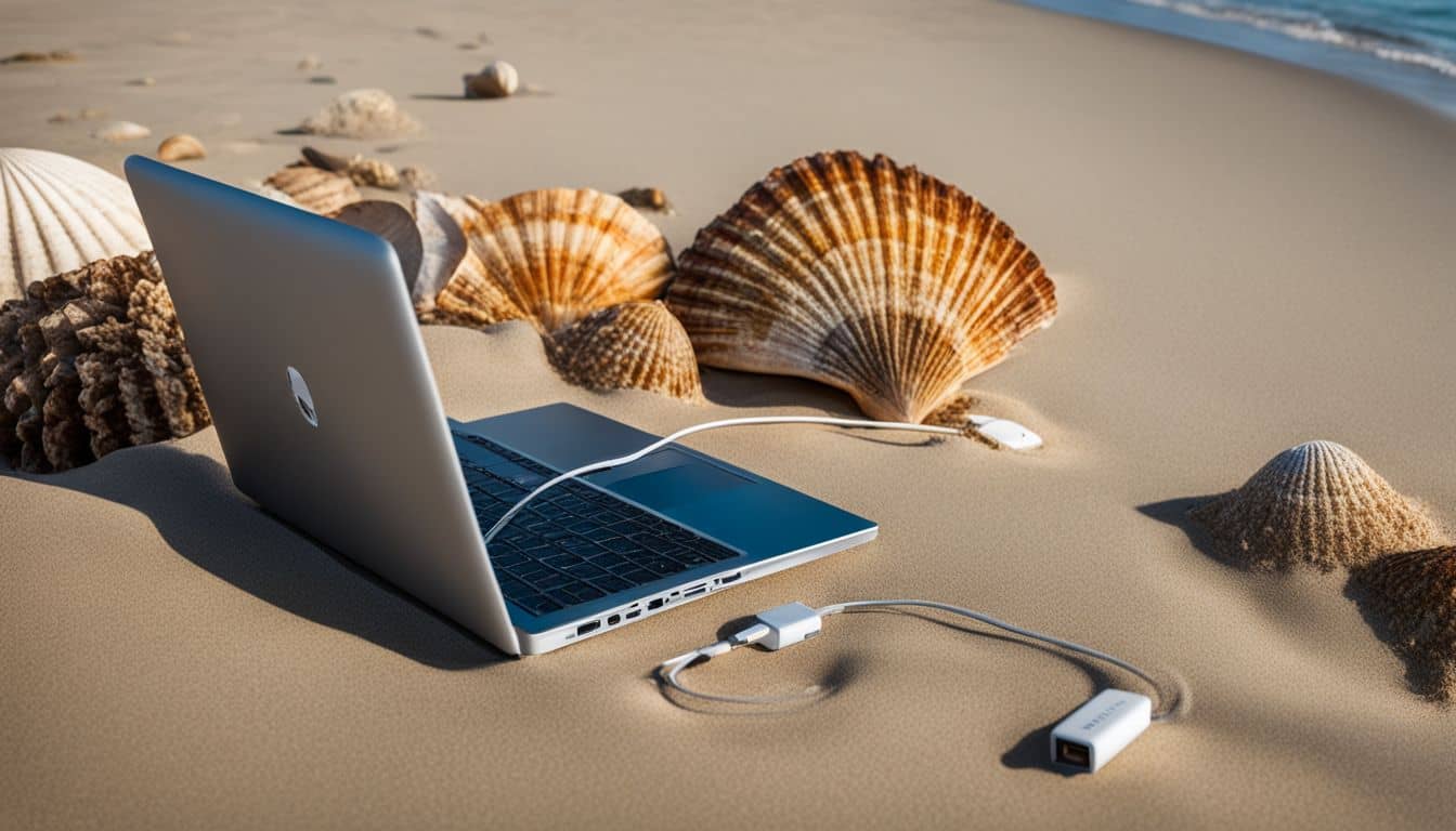 A laptop with mobile broadband dongle on beach surrounded by shells and sand. A laptop with mobile broadband dongle on beach surrounded by shells and sand.
