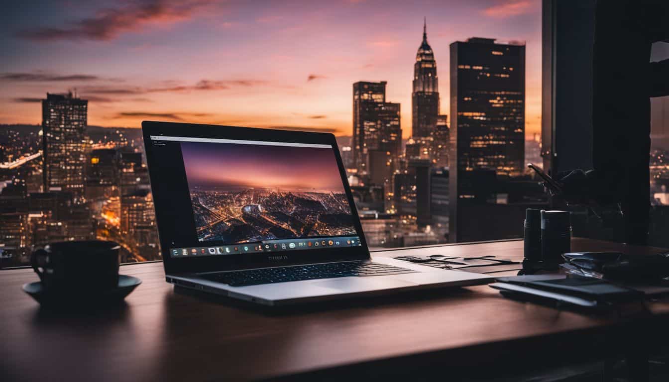 Modern laptop on a desk with city skyline at sunset, illustrating high-speed broadband connectivity for mobile devices in 2023.