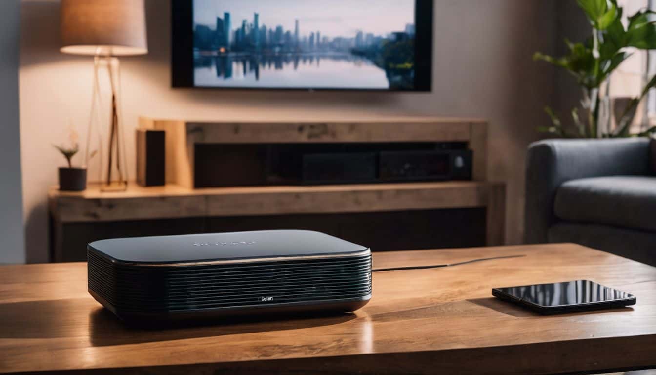 A modern router on a rustic table in a cozy living room.