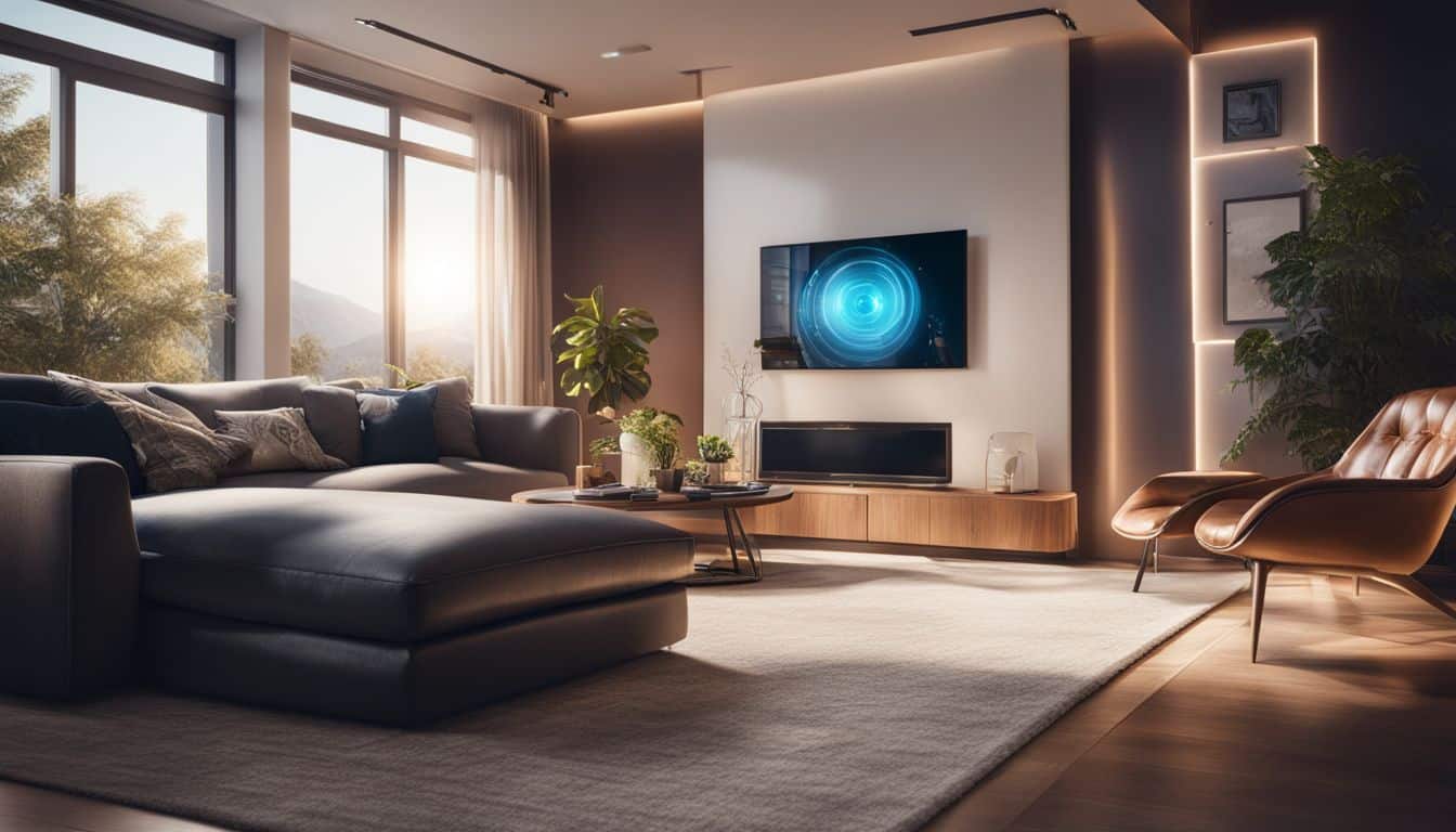 A smart home with interconnected devices and diverse features.