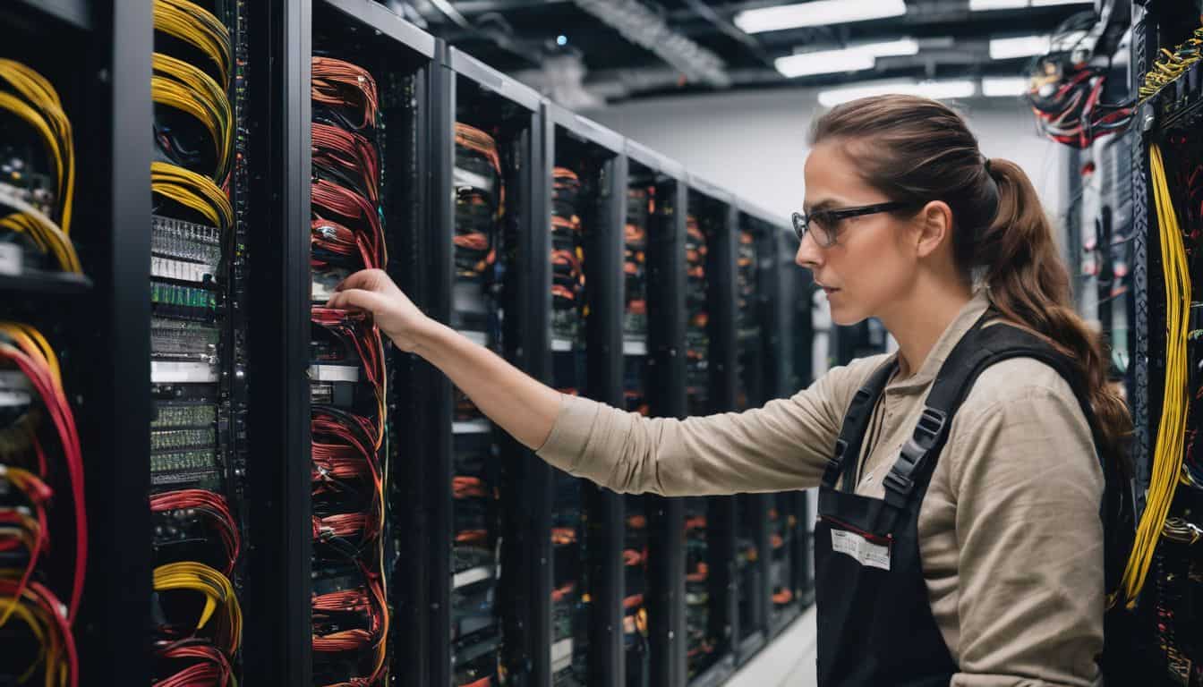 A technician connecting cables in a neatly organized server room.