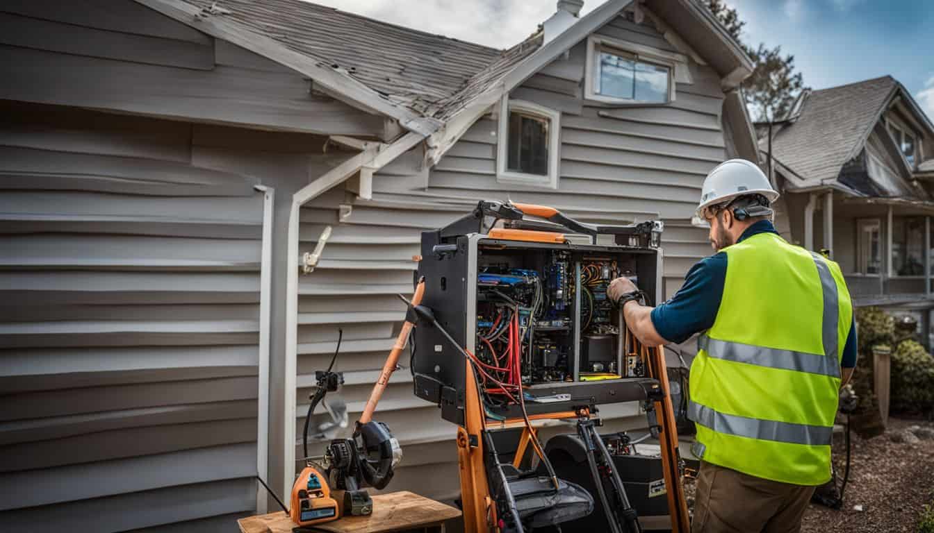 A technician installing a broadband cable outside a house with tools and safety equipment.