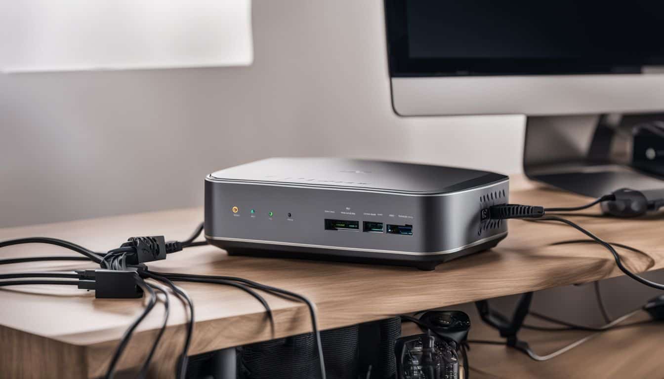 A photo of a modem and router connected, on an organized desk.