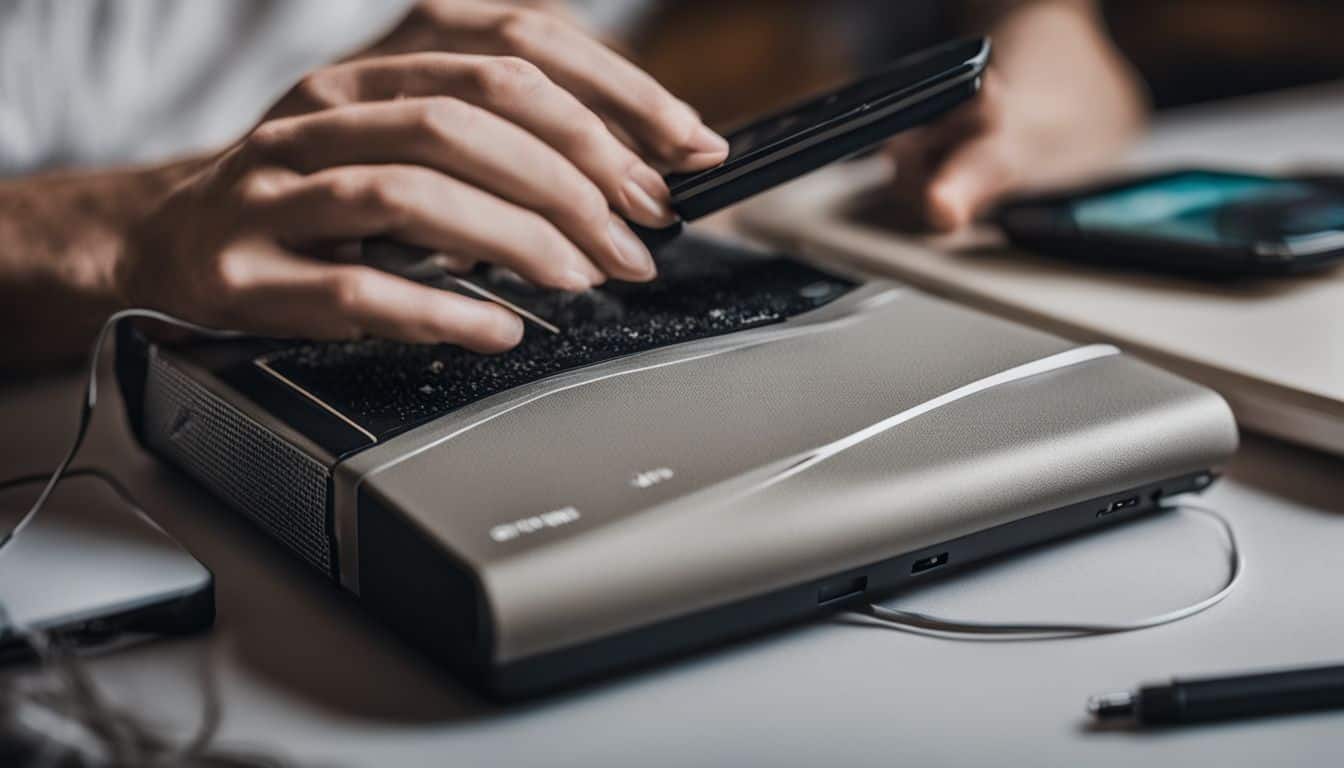 Frustrated hands hold broken modem in well-lit, bustling atmosphere. Frustrated hands hold broken modem in well-lit, bustling atmosphere.
