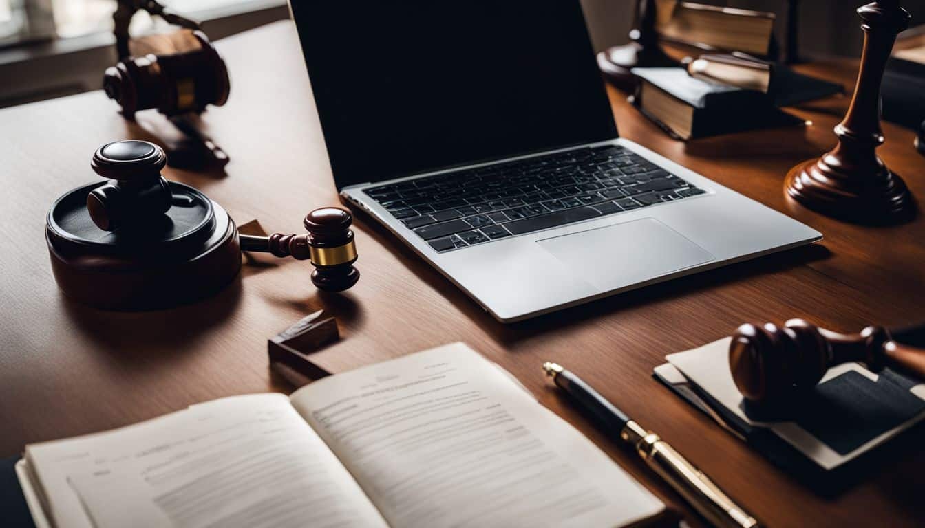 A laptop surrounded by legal documents and a judge's gavel. A laptop surrounded by legal documents and a judge's gavel.