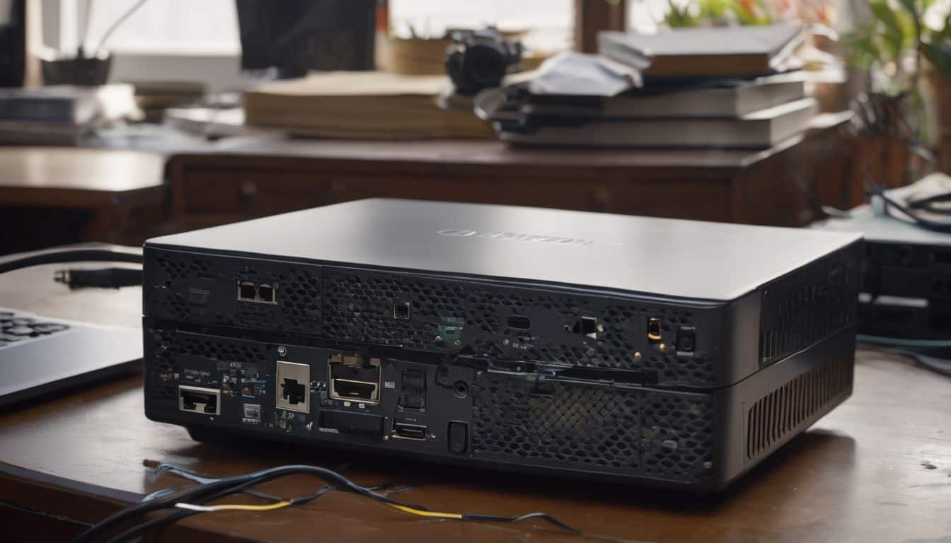 A broken broadband router on a cluttered desk. A broken broadband router on a cluttered desk.