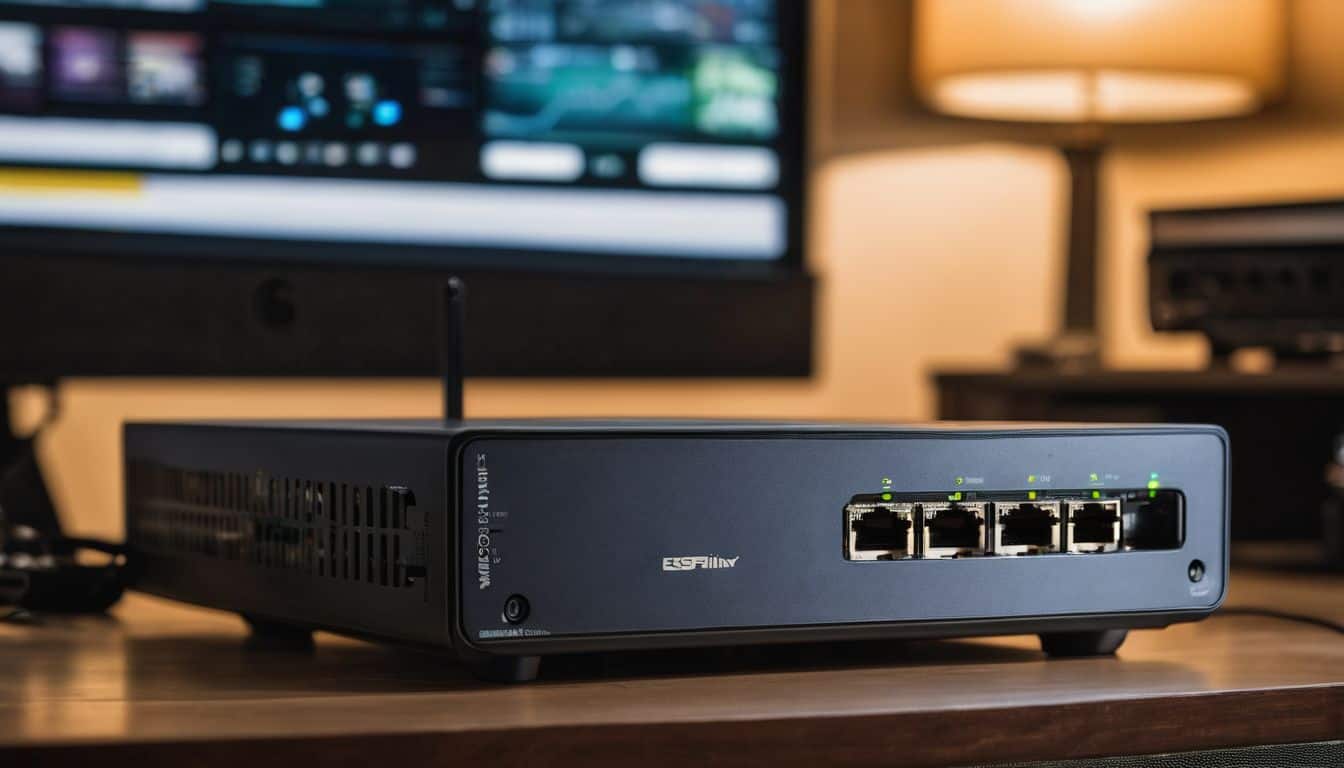 A high-speed modem and router setup with networking cables.