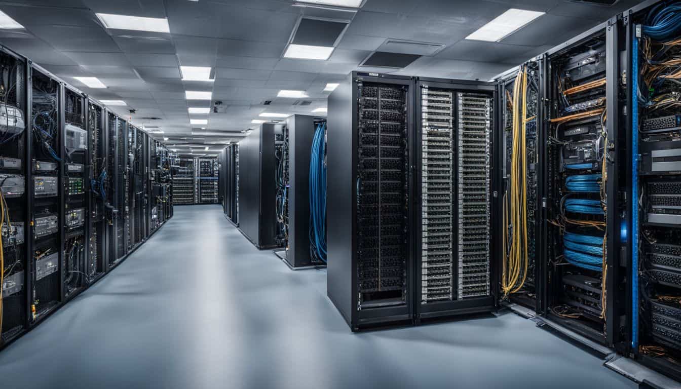A busy network server room with racks of hardware and cables.