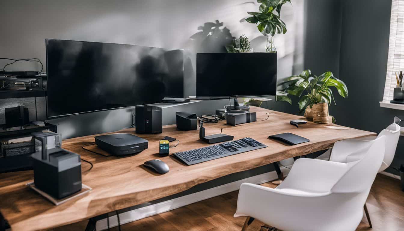 A modern home office setup with digital devices and high-speed internet equipment.