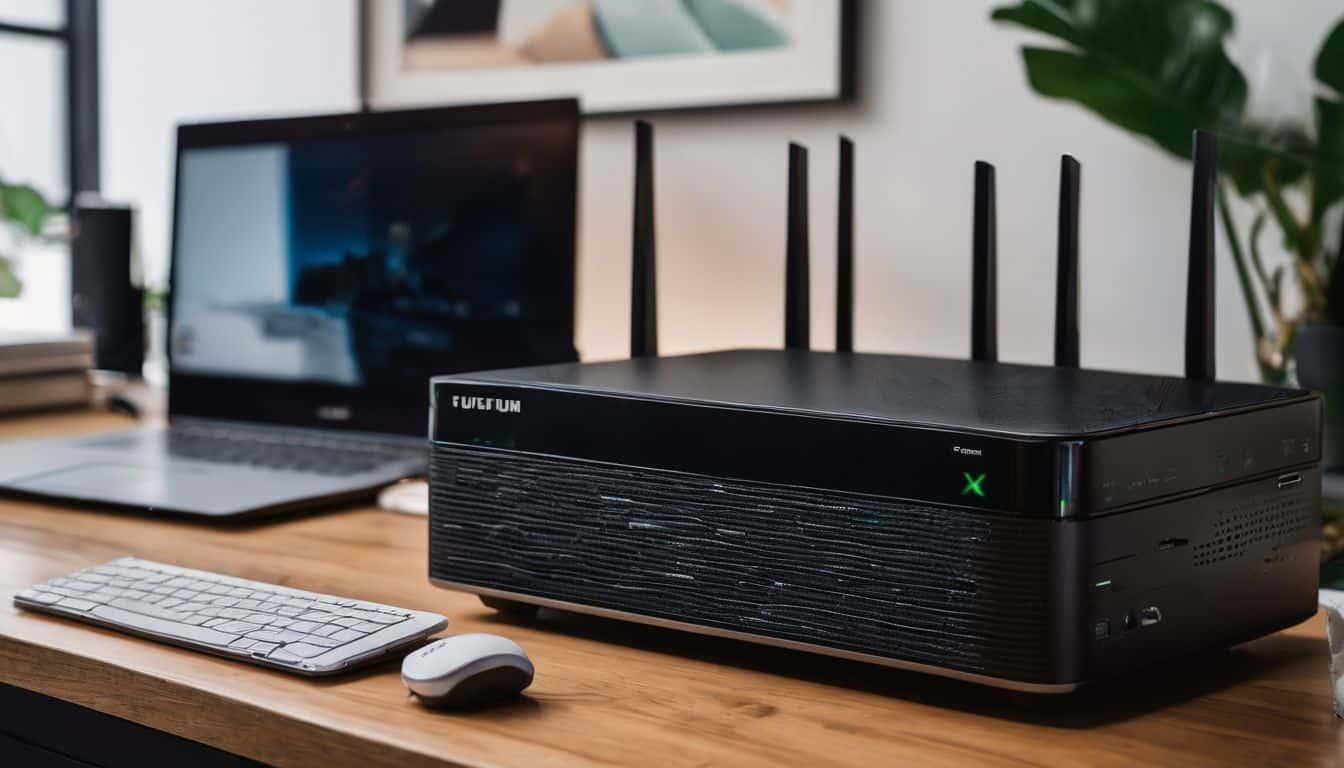 A close-up of a high-speed modem and router with multiple connected devices in a modern home office.