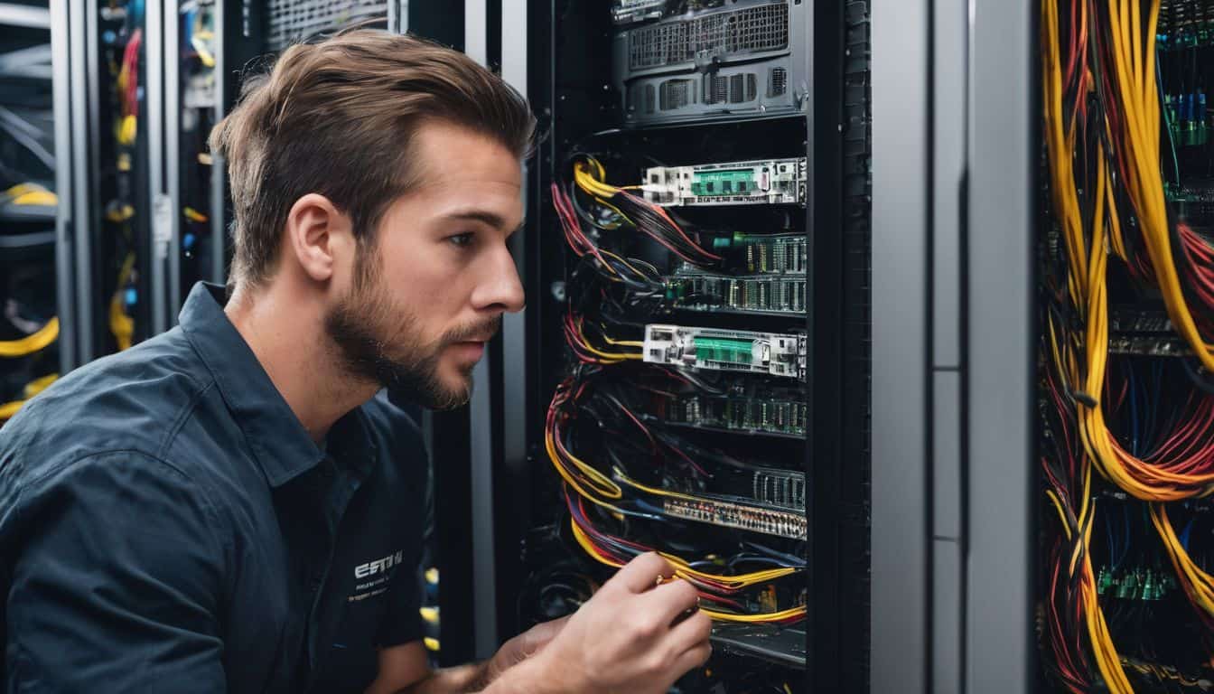 Technician fixing broadband wiring in a server room.