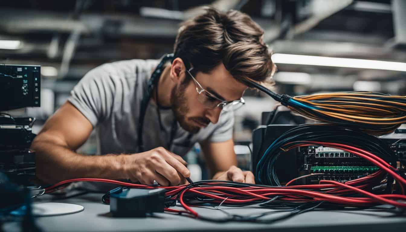 A technician examining a tangled ethernet cable on a desk.