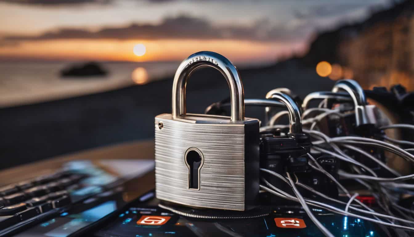 A padlock surrounded by technology, symbols, and various people's faces.