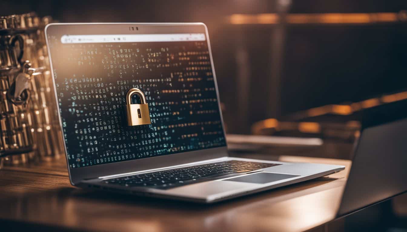 A laptop with a locked padlock surrounded by binary code.