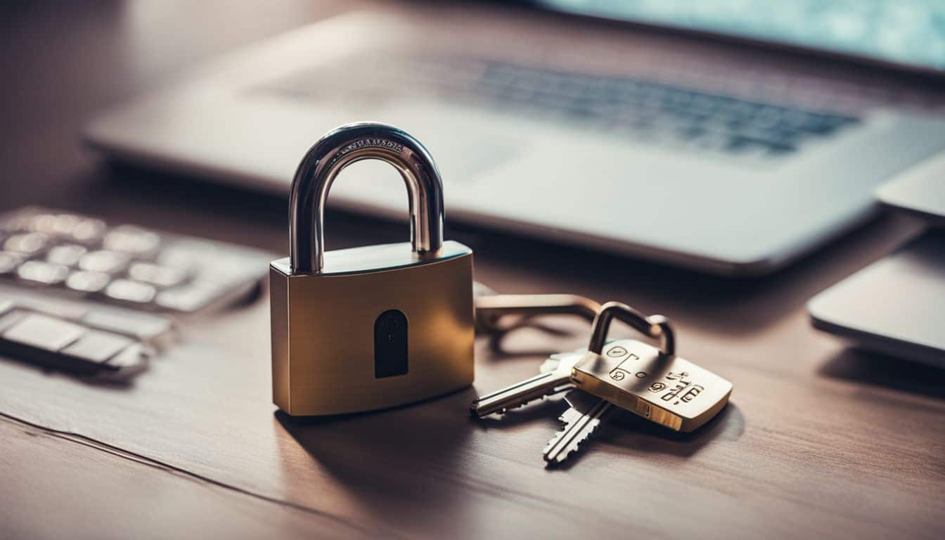 Closed padlock with digital security symbol surrounded by various elements.