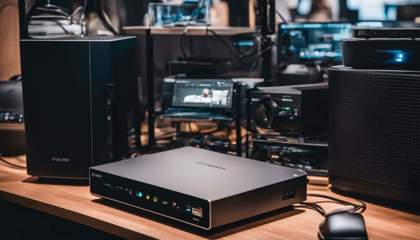 A network router surrounded by various electronic devices in a bustling atmosphere.