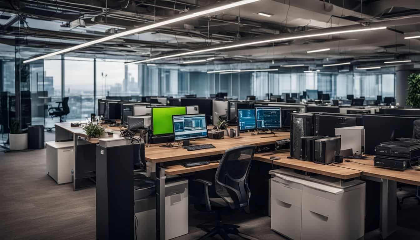 A network infrastructure in a modern office with cables and routers.