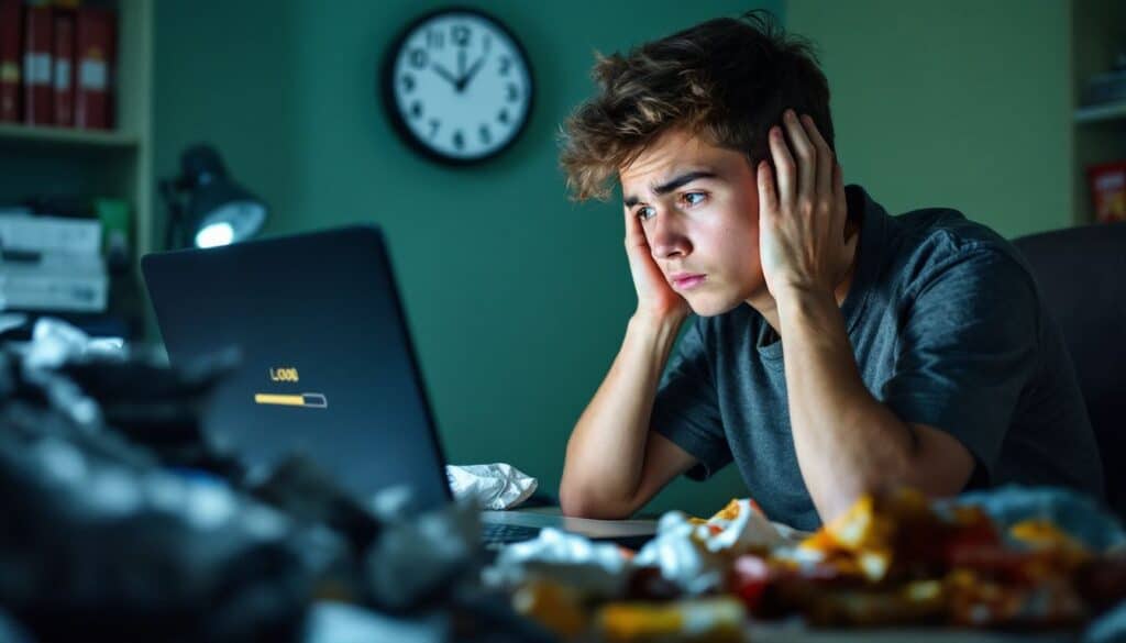 Frustrated young man with messy desk and crumpled papers, struggling with slow internet connection on his laptop in a dimly lit room.