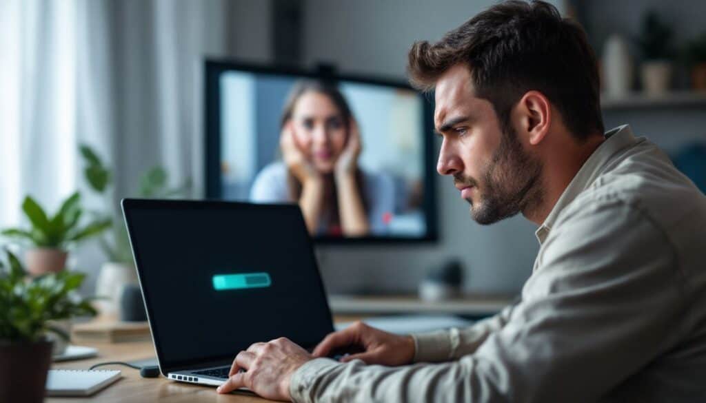 Poor connection frustrating man using laptop at home during video call with woman on TV screen.