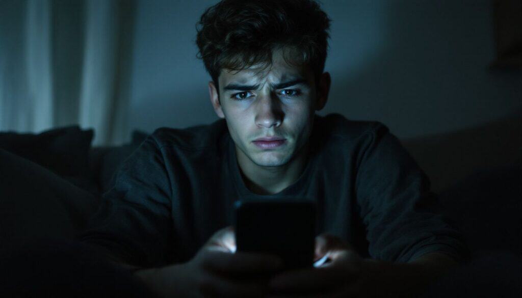 Unhappy young man looking at his phone in a dark room, experiencing slow internet or connectivity issues.