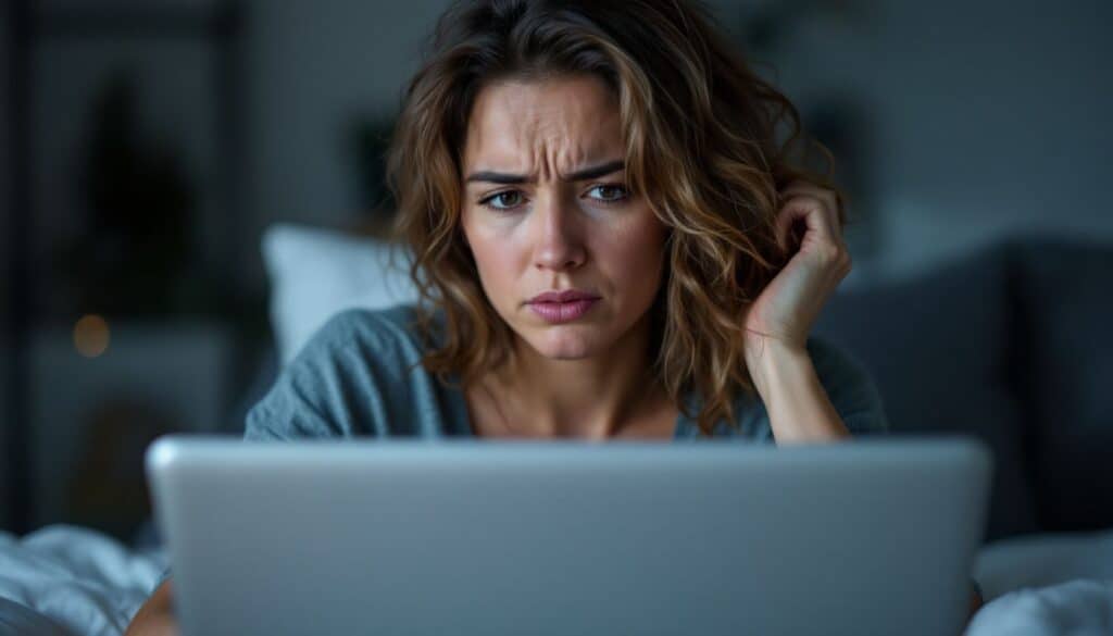Confused woman with curly hair using a laptop at home, trying to understand broadband options and internet issues.