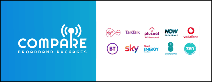 High-speed broadband logos arranged in a grid, including Virgin Media, TalkTalk, Plusnet, Now Broadband, Vodafone, BT, Sky, Shell Energy, EE, and Zen, representing popular UK internet providers and broadband options.