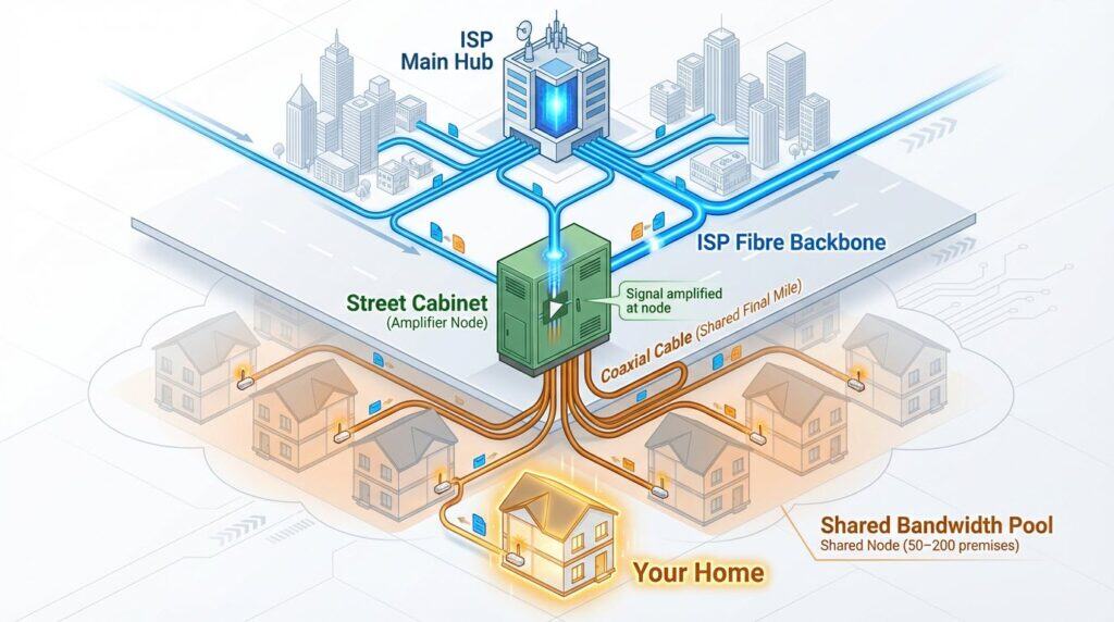 High-speed fibre broadband connecting homes through shared bandwidth pool and infrastructure, ensuring reliable internet via ISP main hubs, fibre backbone, and street cabinets.