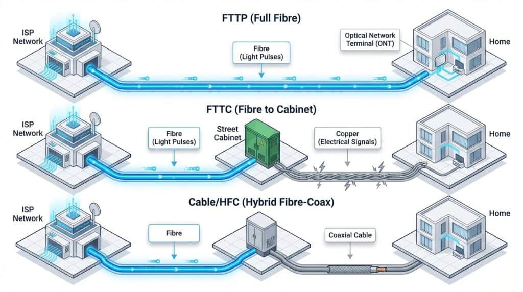 High-speed fibre broadband connection diagrams illustrating FTTP, FTTC, and Hybrid Fibre-Coax (HFC) setups for home internet.
