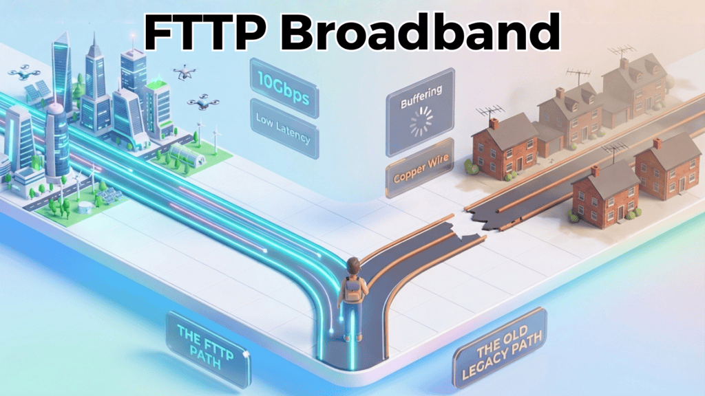 Fast fibre optic cable network illustration showing next-generation broadband with 10Gbps speed and low latency, contrasting modern FTTP broadband with outdated legacy connections in residential areas.
